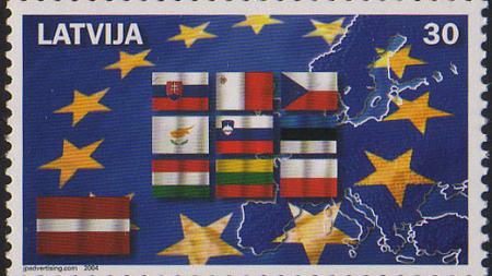 Latvia postage stamp showing new EU members