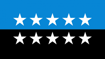 Flag that is half blue half black with ten white stars
