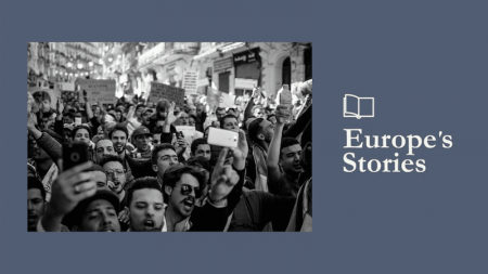 Image of black and white protest with Europe's Stories logo