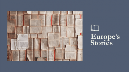 Image of pages with text and Europe's Stories logo