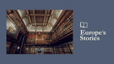Image of large library and Europe's Stories logo