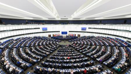 Large hemicycle of European Parliament with members seated