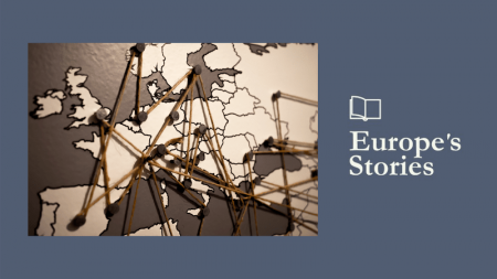 Image of map of Europe with multiple strings and points and Europe's Stories logo