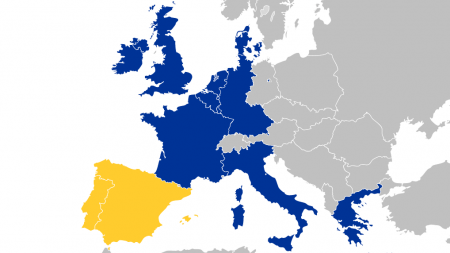 Image of map of Europe with Spain and Portugal in yellow and rest of Western Europe in blue